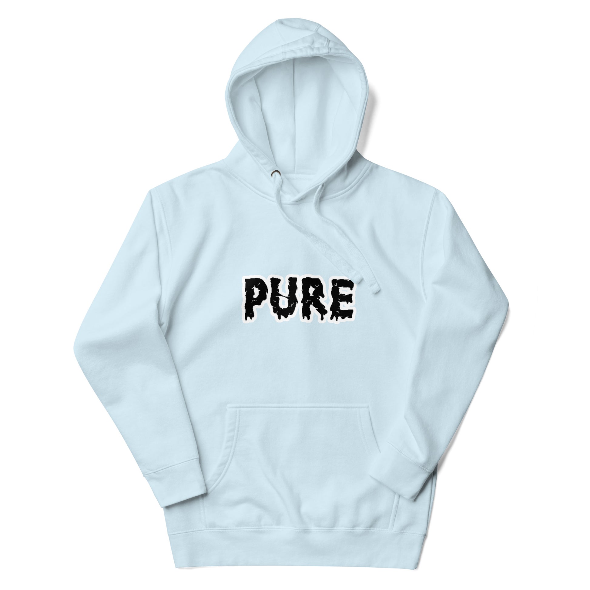 PURE Words Hoodie sky blue, black and white.